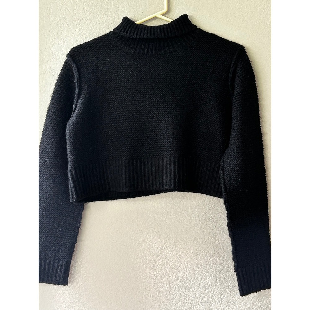 Elodie Black Cropped Mock Neck Sweater Textured Knit Long Sleeve ELSS9014 XS